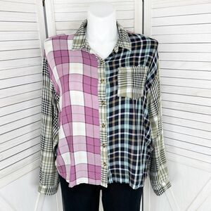 Cato Patchwork Multi Plaid Button Up Shirt XL Rayon Long Sleeve